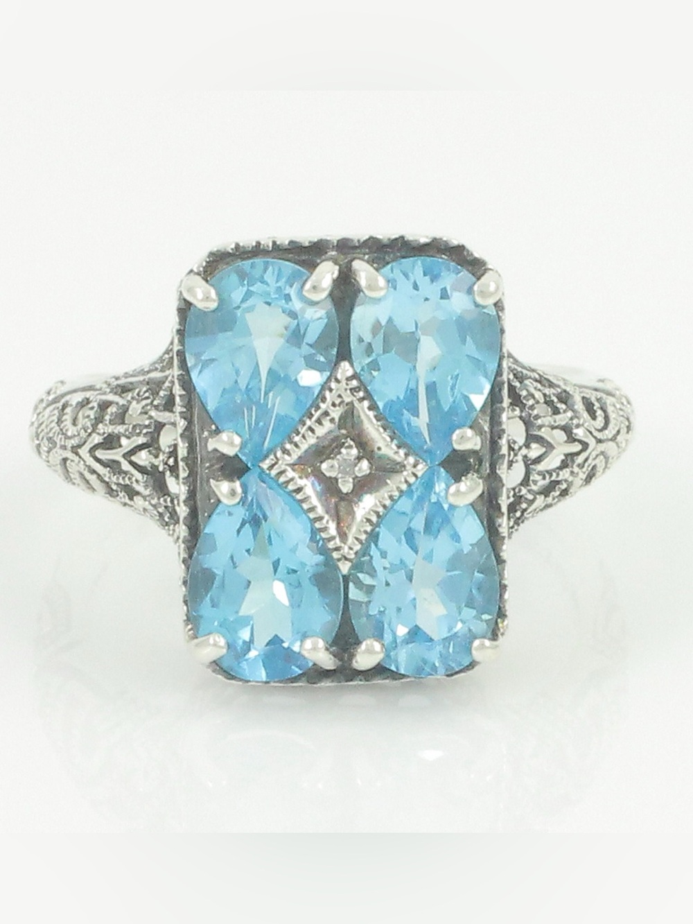 🧡 Vintage Blue Topaz Diamond Silver Filigree 925 Sterling Ring
